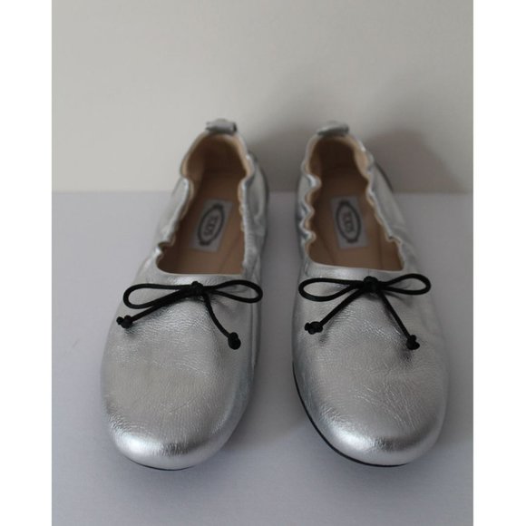 TOD'S Leather Ballerina Flat Silver Size 38/ US 8 Bow - Picture 2 of 10